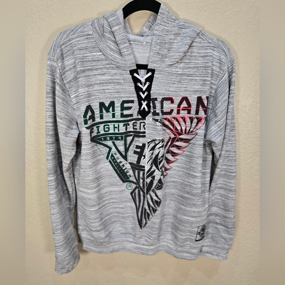American Fighter Mexican Y2K Marled Gray Hoodie UFC Graphic Sweatshirt Rare S